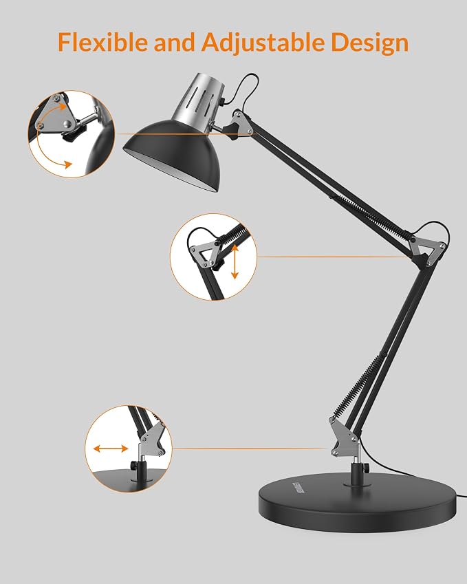 LEPOWER Metal Adjustable Desk Lamp with Clamp, Swing Arm for Home Office | Gooseneck, Architect Style, Eye-Caring Table Lamp, On/Off Switch, E26 Base, Reading for Dorm, Bedroom, Study, Back to School