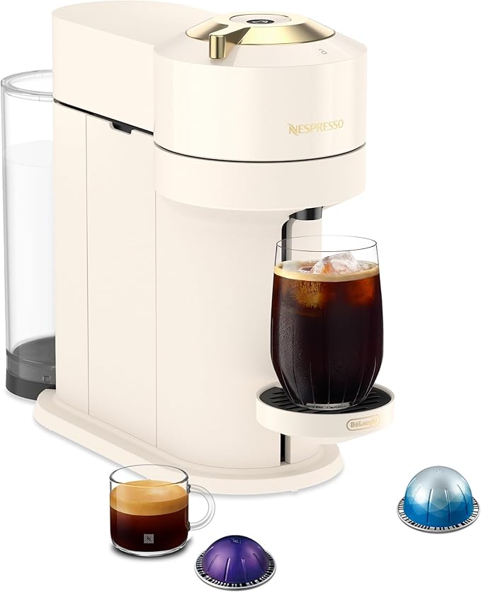 Nespresso Vertuo Next Coffee and Espresso Maker by De'Longhi, Creamy White and Gold | Creamy white and gold coffee machine with slim, sustainable design. Brews 6 cup sizes, espresso to 18 oz., topped with crema.