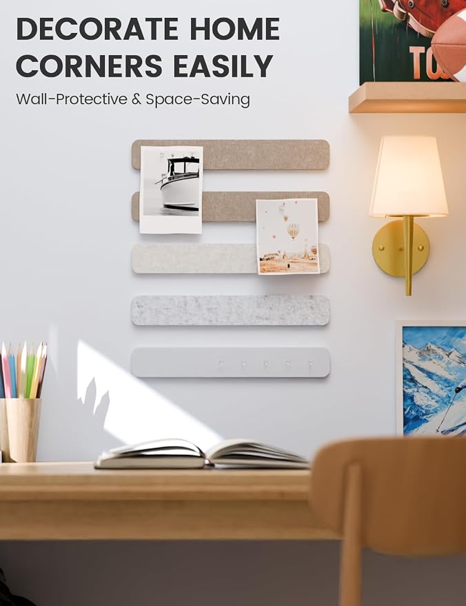 Fluxynara 13" x 2" Felt Wall Panels, Stone Beige | 5-Pack Cork Board Alternative with 35 Push Pins, Adhesive Mounting for Bedroom Door or Home Office