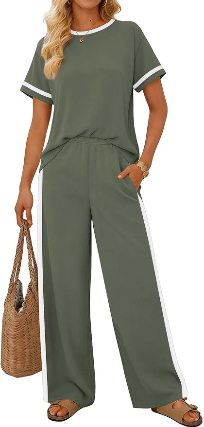 Sampeel 2 Piece Sets for Women Matching Sets Summer Outfits Resort Wear Short Sleeve Lounge Set Wide Leg Pants with Pockets