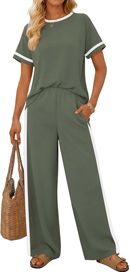 Sampeel 2 Piece Sets for Women Matching Sets Summer Outfits Resort Wear Short Sleeve Lounge Set Wide Leg Pants with Pockets