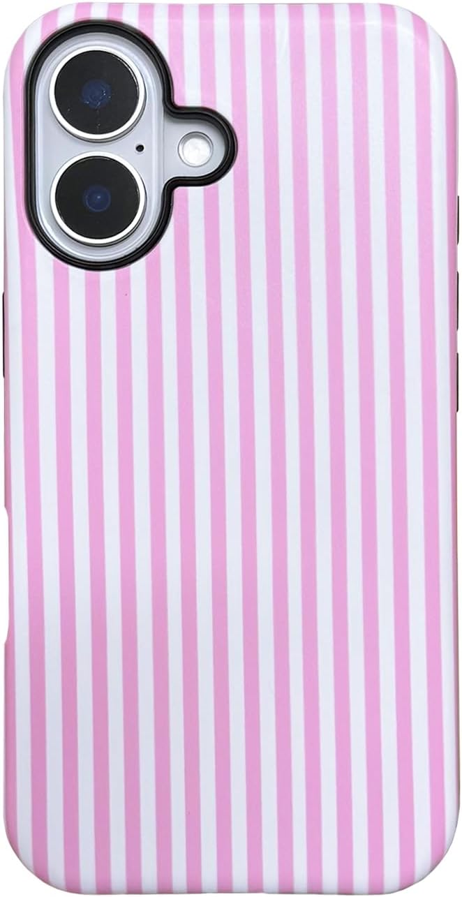 for iPhone 16 Case Striped Cute Aesthetics Phone Case Trendy Protective Shockproof Cover for iPhone 16 Pink White