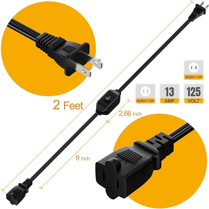 On Off Switch Extension Cord [2-Feet], 2-Prong Polarized Extension Cord with Switch 12A/125V for Your Chargers/Lamp/Power Adapters etc, 16AWG Cord