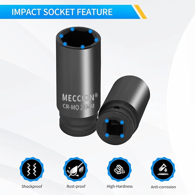 Meccion 3/8 Inch Drive Impact Socket 21mm Metric, 6 Point Cr-Mo Deep Socket, 63mm Length