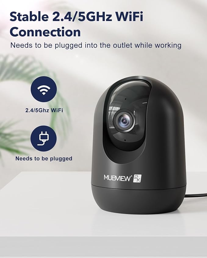 MUBVIEW Cameras for Home Security, Indoor Security Camera, 2.4/5GHz WiFi Wired Camera Ideal for Dog/Elder/Baby, Motion Tracking, Two-Way Audio, Pan Tilt, 7X24, 2K Night Vision PK320B-D