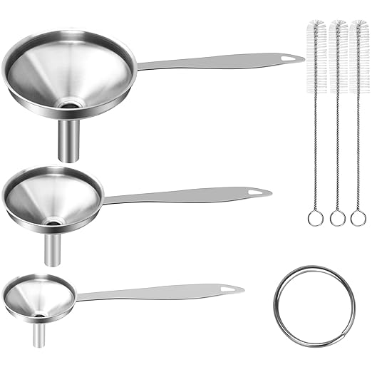 Large Small Funnel Set of 3, Food Grade Mini Funnels for Kitchen Use Filling Bottles Liquor Flask Tiny Spice Cooking Powder, 7Pcs Metal Stainless Steel Funnel Long Handle, 3Pcs Cleaning Brushes VOPTON