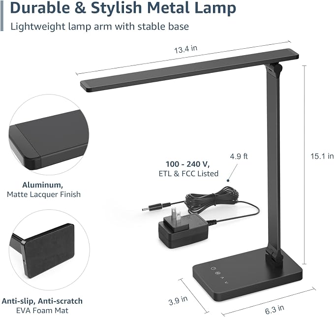 Lepro LED Desk Lamp for Home Office, 9.5W 750LM Touch Desk Light, Black | 5 Color Modes 5 Brightness Level, Eye Caring, Metal Task Lamp For Reading, Sewing, Crafts, School Supplies, Puzzle Light