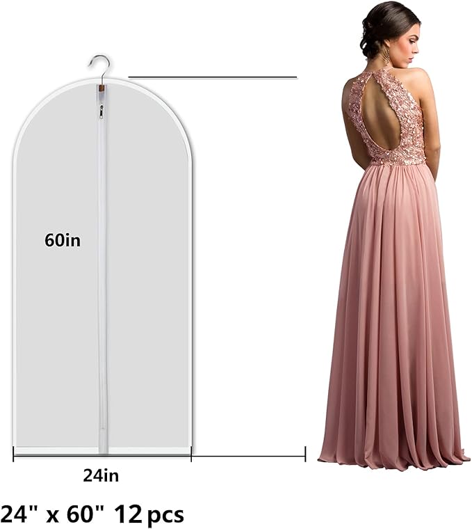 Clear Garment Bags Clothes Covers Protecting Dusts (set Of 12) For Storage Plastic Garment Bags Hanging Clothes Bags with Zipper Gown Garment Bag for Long Dresses - 24'' X 60''/12 Pack