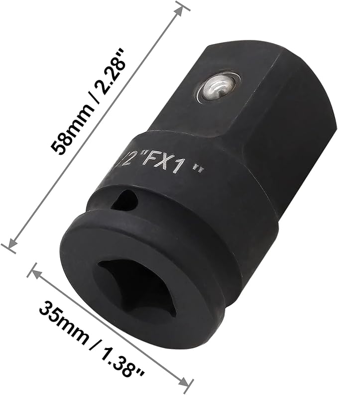 1/2" Drive (Female) x 1" (Male) Impact Socket Adapter, CR-MO Steel, Compatible with Air Impact Wrenches, Breaker Bars, Ratchets