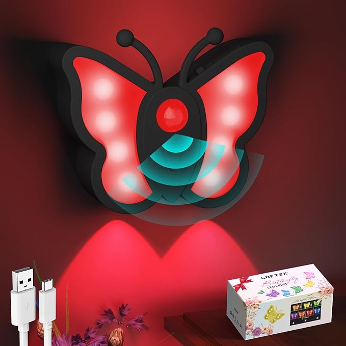 LOFTEK Rechargeable Motion Sensor Night Light, RGB Color Changing & Dimmable Butterfly Night Light for Kids, Wireless Stick on Wall, Bedside, Bathroom, Hallway, Stairs, Cabinet, Black