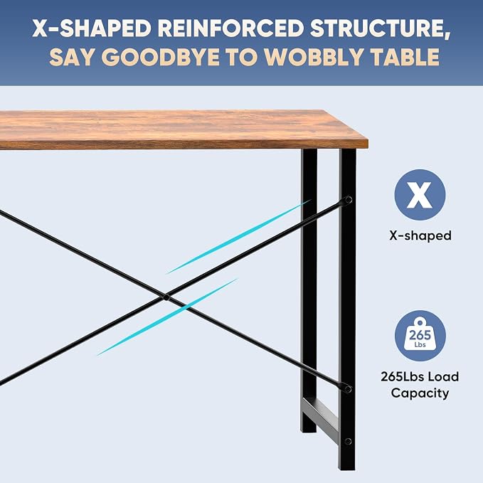 DUMOS 47 Inch Small Computer Desk, Gaming Desks for Home Office Bedroom | Modern Study Writing Work Table, Craft PC Desk Simple Workstation with Reinforcement Structure, Rustic Brown