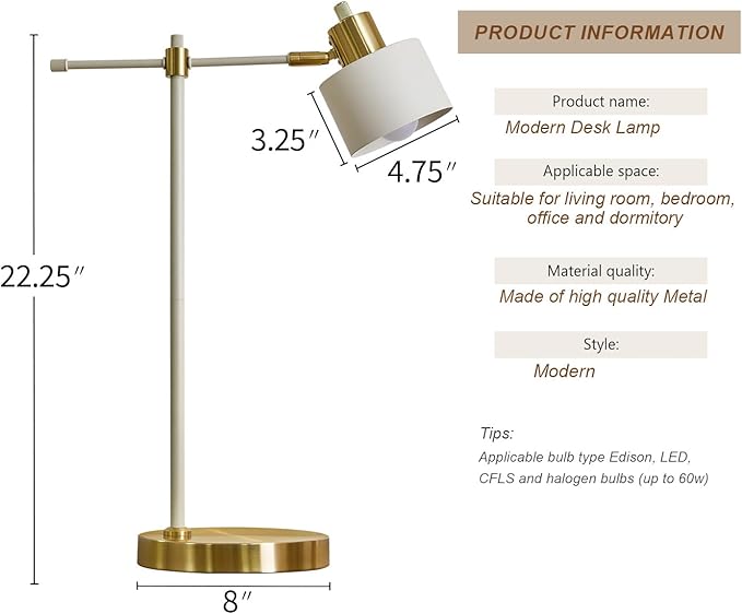 OYEARS Modern Industrial Desk Lamp for Reading LED 22.2“ Metal Table Lamp Light for Office Bedroom Study Room Living Room Nightstand Bedside Lamps Gold and Matte Cream Accent (Cream, Bulb Included)