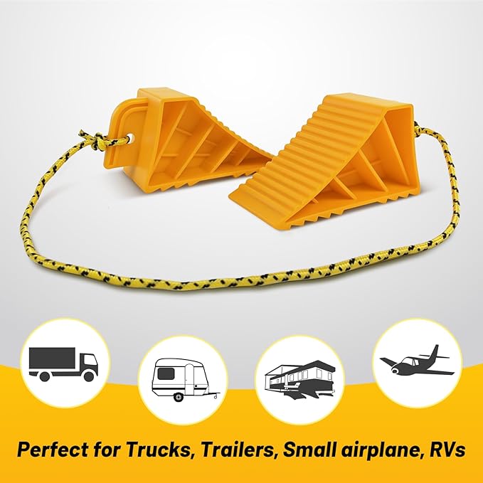 HOXWELL 2 Pair Wheel Chocks with Rope & Handle Design for Travel Trailers, Non Slip Yellow Wheel Chock, Lightweight Wheel Stoppers for Cars Campers Trucks RVs, Easy to Carry