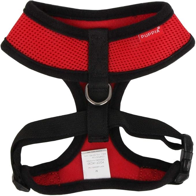 Puppia Soft Dog Harness No Choke Over-The-Head Triple Layered Breathable Mesh Adjustable Chest Belt and Quick-Release Buckle, Red, Large