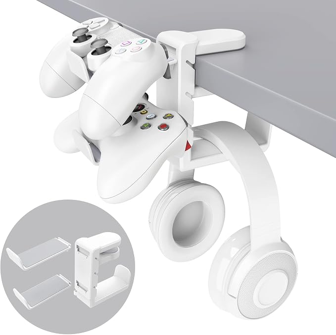 3-in-1 Headset&Controller Holder - EURPMASK Upgraded PC Gaming Headset Stand, Adjustable Clamp-on Headphone Holder,Headphone Controller Hook Under Desk w/ 360 Degree Swivel&Cable Clip Organizer-White