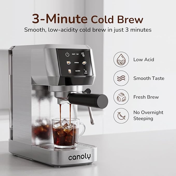 Canoly 2-in-1 Espresso Machine, Cold Brew Maker, 20 Bar Pump, Touchscreen | Steam Milk Frother for Cappuccino and Latte, Compact Home Espresso Maker, 9 Bar Extraction, Fast Heating, Easy Cleaning