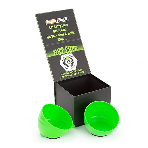 OEMTOOLS 25115 Green Magnetic Nut Cups, 2 Pack, Each Curved Magnetic Parts Tray Holds Up to 5 Pounds, Attaches To Metal Surfaces, Multi-Use Nuts And Bolts Organizer Set Made From Durable ABS Plastic