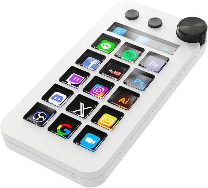 Streaming Deck,Macro pad/Calculator/Numeric Keypad Three Modes | 15 Customizable Macro Keys and LCD Bar,Large Dial,Work Efficiency Device,Compatible with Windows and Mac(N1 White)