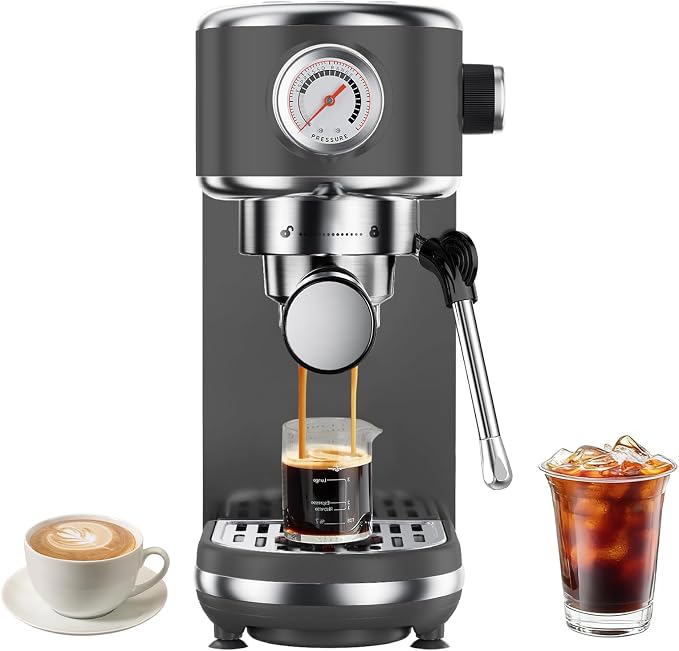 atatix 20 Bar Espresso Machine with Milk Frother, Compact Espresso Maker | Stainless Steel Coffee Machine with Precise Temp Control, 44oz Removable Water Tank for Latte, Cappuccino, Dark Grey