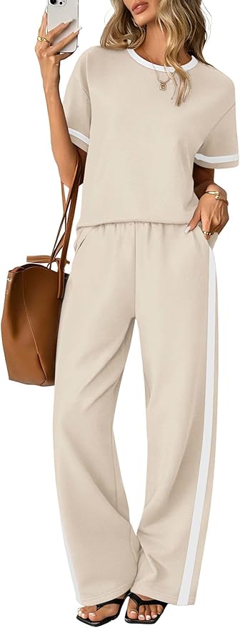 Sampeel 2 Piece Sets for Women Matching Sets Summer Outfits Resort Wear Short Sleeve Lounge Set Wide Leg Pants with Pockets
