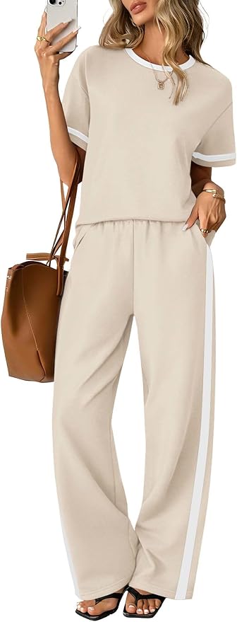 Sampeel 2 Piece Sets for Women Matching Sets Summer Outfits Resort Wear Short Sleeve Lounge Set Wide Leg Pants with Pockets