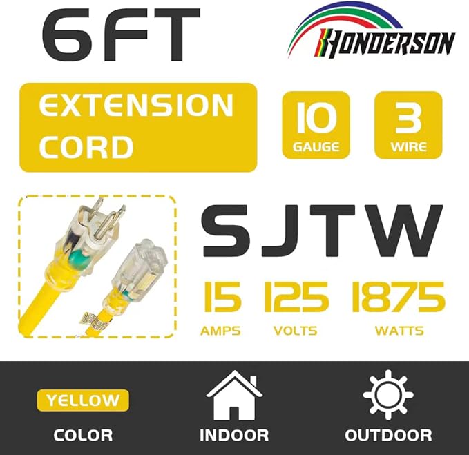 Indoor Outdoor Extension Cord Weatherproof with Lighted End, UL Certified, 10 Gauge 6FT Yellow 3 Prong Heavy Duty, 10/3 SJTW 15A Power Cord for Outdoor Lights, Lawn