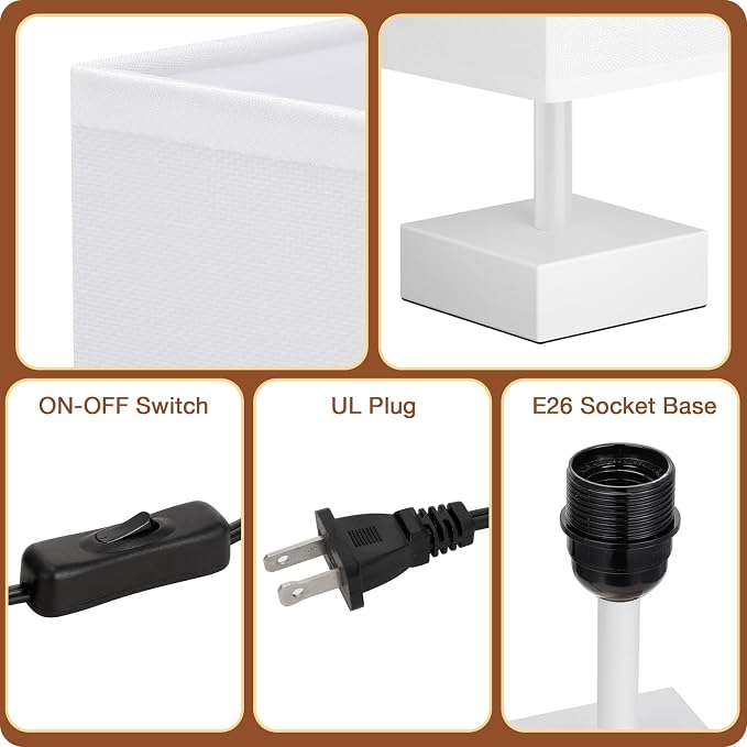 aooshine White Small Bedside Lamp for Bedroom - Square White Fabric Shade | Inline Rocker Switch, Corded Electric, Bulb Not Included, 12.8" Mini Table Lamp for Nightstand, Desk, Dorm, Office