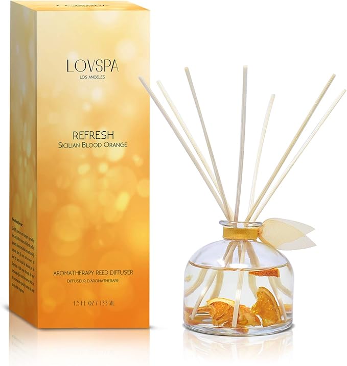 LOVSPA Reed Diffuser Set, Refresh Sicilian Blood Orange Scented Oil Diffuser with Sticks, Home Fragrance Accessories for Bathroom Shelf Decor, Aroma Diffusers for Home or Office Desk, USA Made