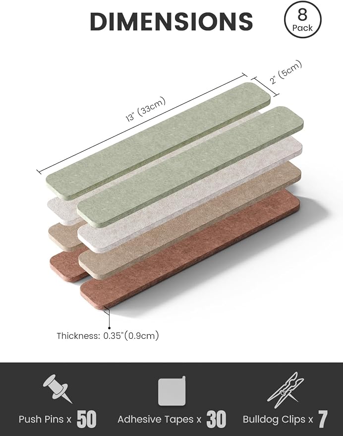 Fluxynara 13" x 2" Felt Wall Panels, Boho | 8-Pack Includes 50 Push Pins and Adhesive Tabs for Photos, Notes and Decor in Bedroom Doors, Home Office or Studios
