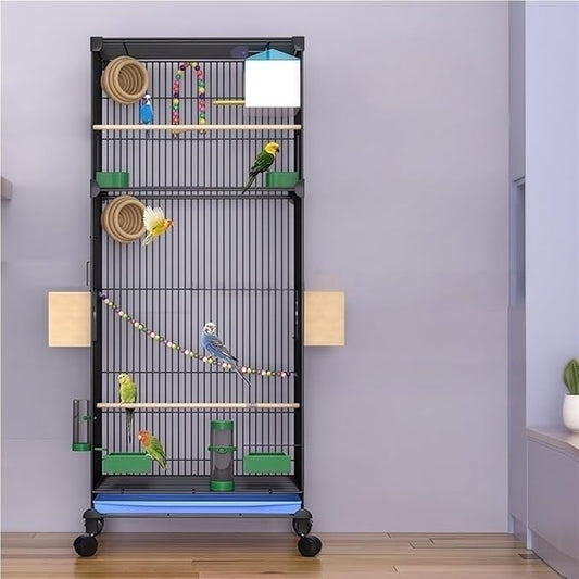 39.4-Inch Rolling Metal Bird Cage with Stand, Includes Grass Nest - Spacious Parrot Home for Budgies, Lovebirds, Canaries (Black)
