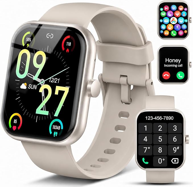 Smart Watch for Men Women (Answer/Make Call), 1.83" HD Touchscreen Fitness Tracker, 110+ Sport Modes, Fitness Watch with Heart Rate/Sleep Monitor/Step, Waterproof Smartwatch for Android,Silver Beige