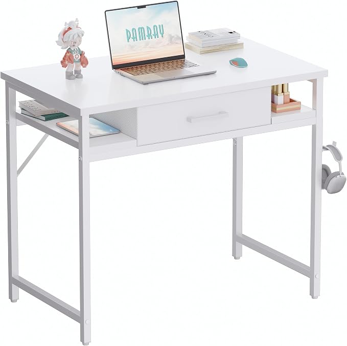 Pamray 32 Inch Small Computer Desk with Drawers for Bedroom Small Spaces | Compact, Sturdy, Easy Assembly, Mini, Suitable for Dorm and Apartment, Study and Writing