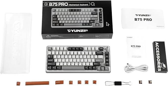 YUNZII B75 PRO 75% Wireless Mechanical Keyboard (Grey,Milk Switch) | Hot Swap Keyboard with Knob, Gasket Mount, Creamy Pre-lubed Switch for Smooth Typing, BT/USB-C/2.4G, for Gaming