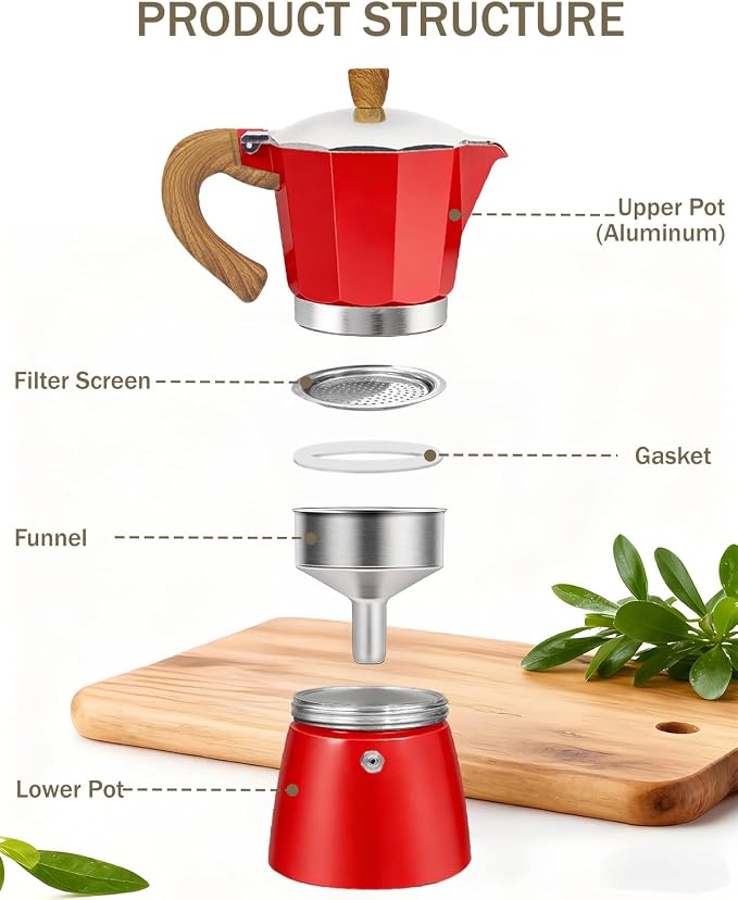 Coffee Maker Stovetop Espresso Maker 6 Cup Aluminum Moka Pot Percolator 10oz 300ml Easy Brewing for Electric Ceramic Stoves Home Camping Italian Cuban Café Classic Red