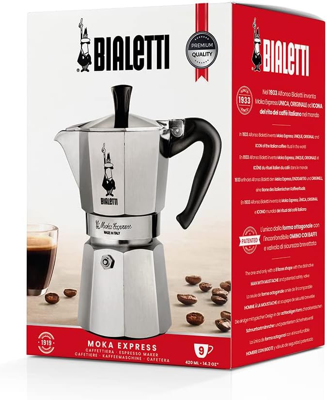 Bialetti - Moka Express: Iconic Stovetop Espresso Maker, Makes Real Italian Coffee, Moka Pot 9 Cups (14 Oz - 420 Ml), Aluminium, Silver