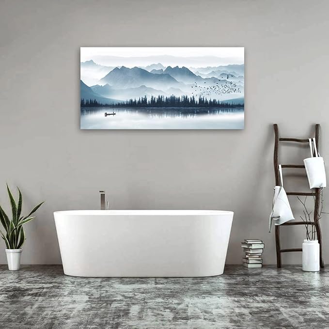 arteWOODS Indigo Canvas Wall Art Misty Mountain Wall Pictures Foggy Lake Boat Painting Prints Forest Birds Artwork Wall Decor for Living Room Wall Decorations Framed Ready to Hang 24" x 48"