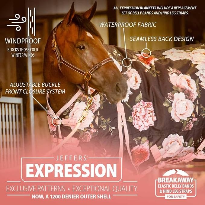 Jeffers Expression 1200 Denier Standard Neck Turnout Blanket, Rose Garden, 87" - Waterproof, Breathable Horse Blanket with 240 gram of Polyfill, Ideal Protection for Winter, Medium Weight