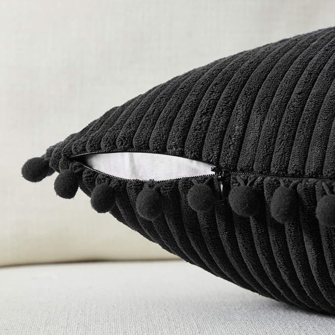 Fancy Homi Set of 2 Black Decorative Throw Pillow Covers 12x12 Inch with Pom-poms for Couch Bed Sofa, Modern Farmhouse Boho Home Decor, Soft Plush Corduroy Cute Cushion Case 30x30 cm