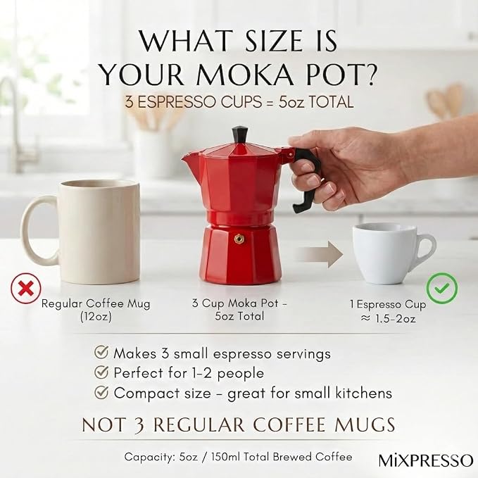 Mixpresso 3 Cup Moka Pot Stovetop Espresso Maker, Italian Cuban Coffee Pot | 5oz aluminum Italian coffee maker for gas and electric stovetops, small design for traditional coffee at home, Mug 4.4 Oz