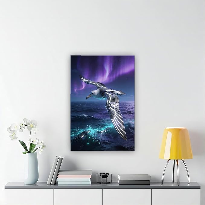 Framed Steampunk Mechanical Seagull Wall Art - Aurora Ocean Retro Poster for Bedroom Game Room Decor 24x36inch(60x90cm)
