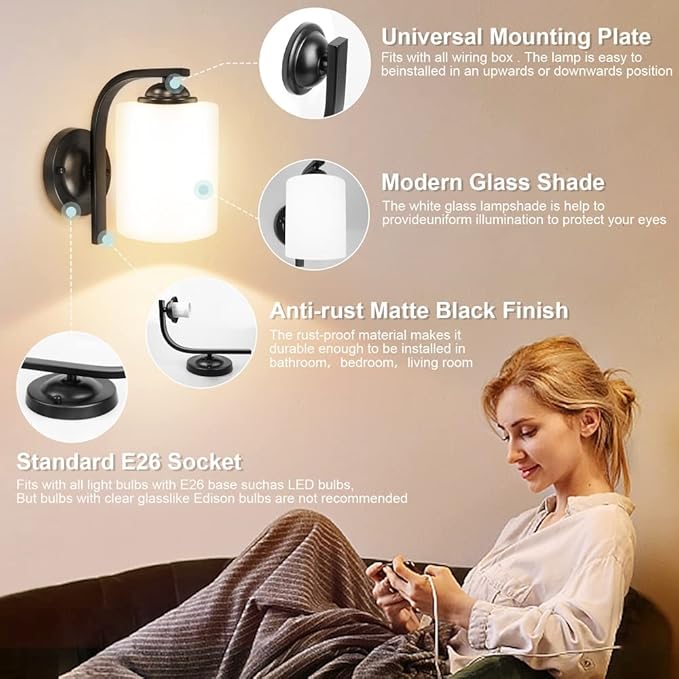 CANMEIJIA Wall Sconce 1 Light, Modern Wall Light Fixture, Bathroom Vanity Lights with Matte Black Wall Lamp for Bedroom Kitchen Hallway Porch, Milky White Glass Shades, E26 Socket, Bulbs Not Included