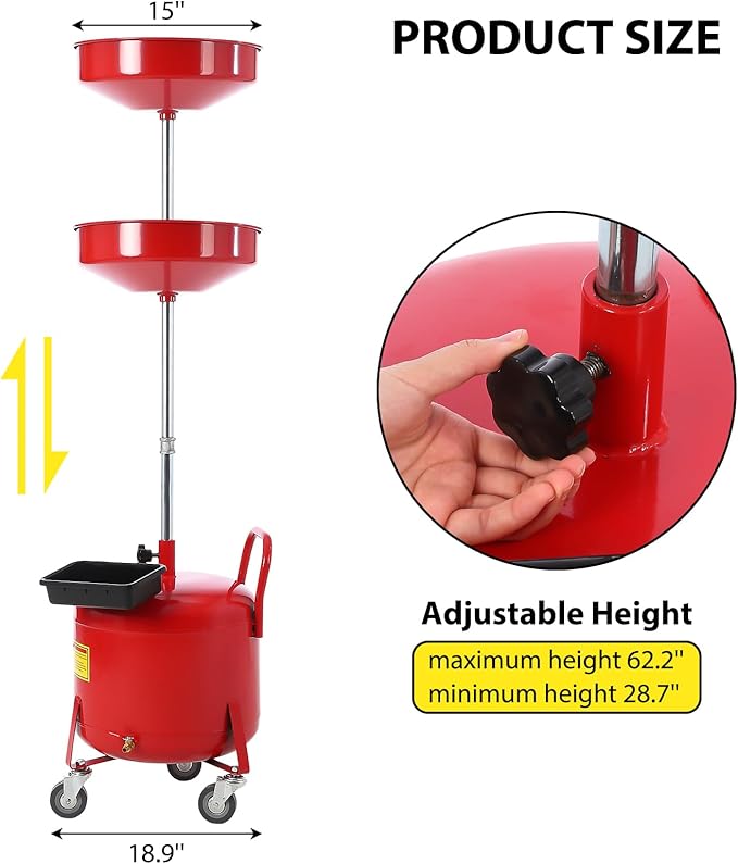 20 Gallon Waste Oil Drain Tank, Oil Drain Extractor, Pneumatic Drainer for Automotive Fluids, Portable Waste Oil Container with Air Operation (8 Gallon-Red)