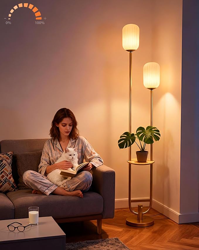 Lightdot 63IN Gold Dimmable Floor Lamp with Table, Mid Century Modern Tall Standing Lamps with 3000K Bulbs Included, Unique Vintage Floor Lamp for Living Room/Bedroom/Sofa Beside/Corner Decor