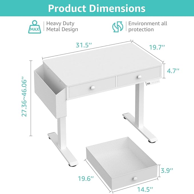 KLUVIS Electric Standing Desk with Drawers, 32 Inch White Small Height Adjustable Sit Stand Desk with Storage for Small Space Home Office Bedroom, Study Writing Stand up Computer Desks for Girls Work