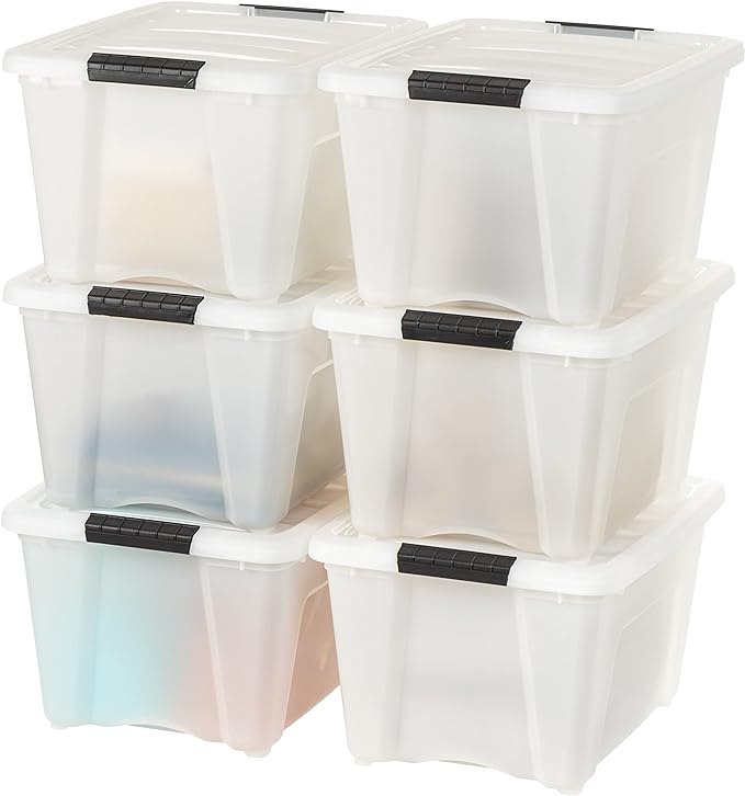 IRIS USA 32 Qt Stackable Plastic Storage Bins with Lids, 6 Pack - BPA-Free, Made in USA - Discreet Organizing Solution, Latches, Durable Nestable Containers, Secure Pull Handle - Pearl