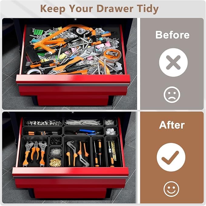 【 & 80PCS】A-LUGEI Tool Box Organizer【Fits 100+ Tools】 Black Garage Organization and Storage Tray Divider Set, Desk Drawer Organizer, Toolbox for Rolling Tool Chest Cart WorkBench Small Part