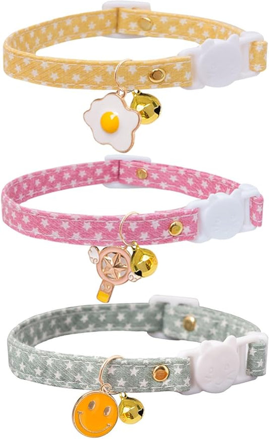 Cat Collar Breakaway with Bells,3 Pack Safety Adjustable Pet Collars,Ideal for Girl Boy Kittens. (Pink Green Yellow Star)