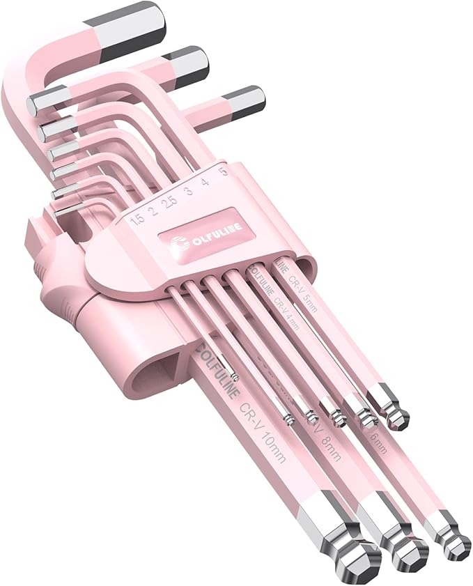 COLFULINE 9 PCS PINK Allen Key Set, Long Ball End Hex Key Set, Cr-V Allen Wrench Set for Women, Size 1.5-10mm with Colour-Coding for Best Gifts and Home Repair