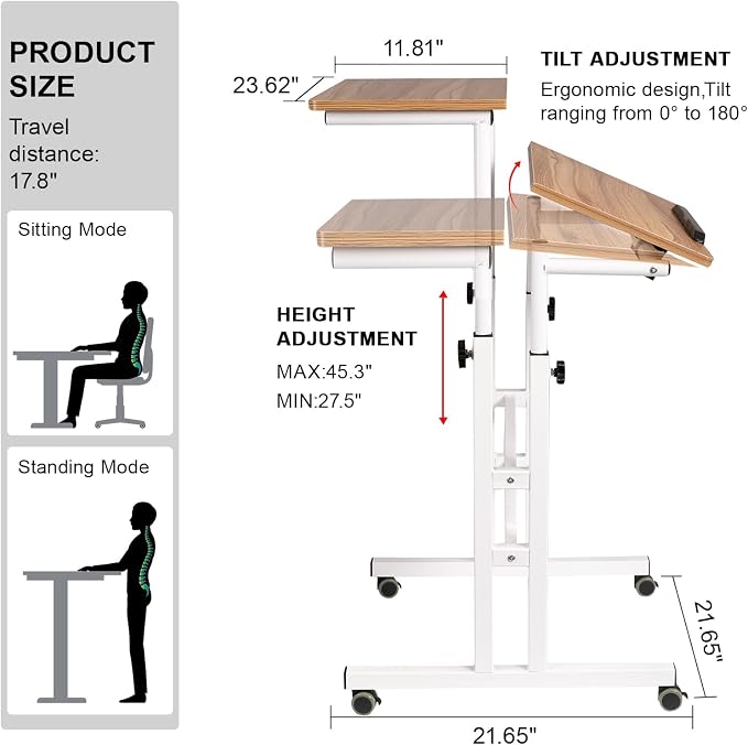 Hadulcet Mobile Standing Desk with Charging Station, Adjustable Standing Computer Desk, Standing Adjustable Laptop Cart with Wheels for Home Office Classroom Vintage Oak