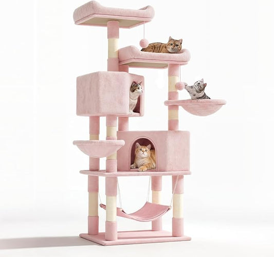 58" Cat Tree Tower for Indoor Cats, Multi-Level Activity Center with Scratching Posts, Hammocks, Top Perch, Dangling Ball & Cat Condo, Soft Pink